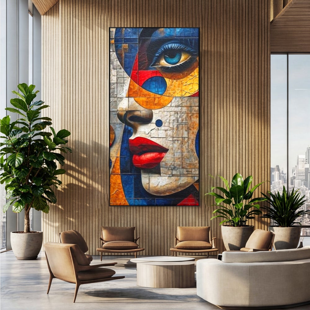 Tablou canvas cu tablou canvas cu portret abstract in stil mozaic, in rama de aluminiu negru, pe perete intr-un birou